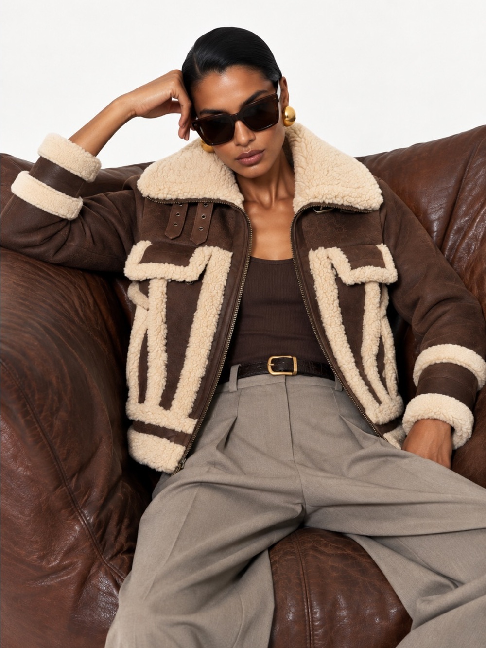 Intermix Megan Genuine Leather Shearling Aviator Bomber Jacket in Brown Size M